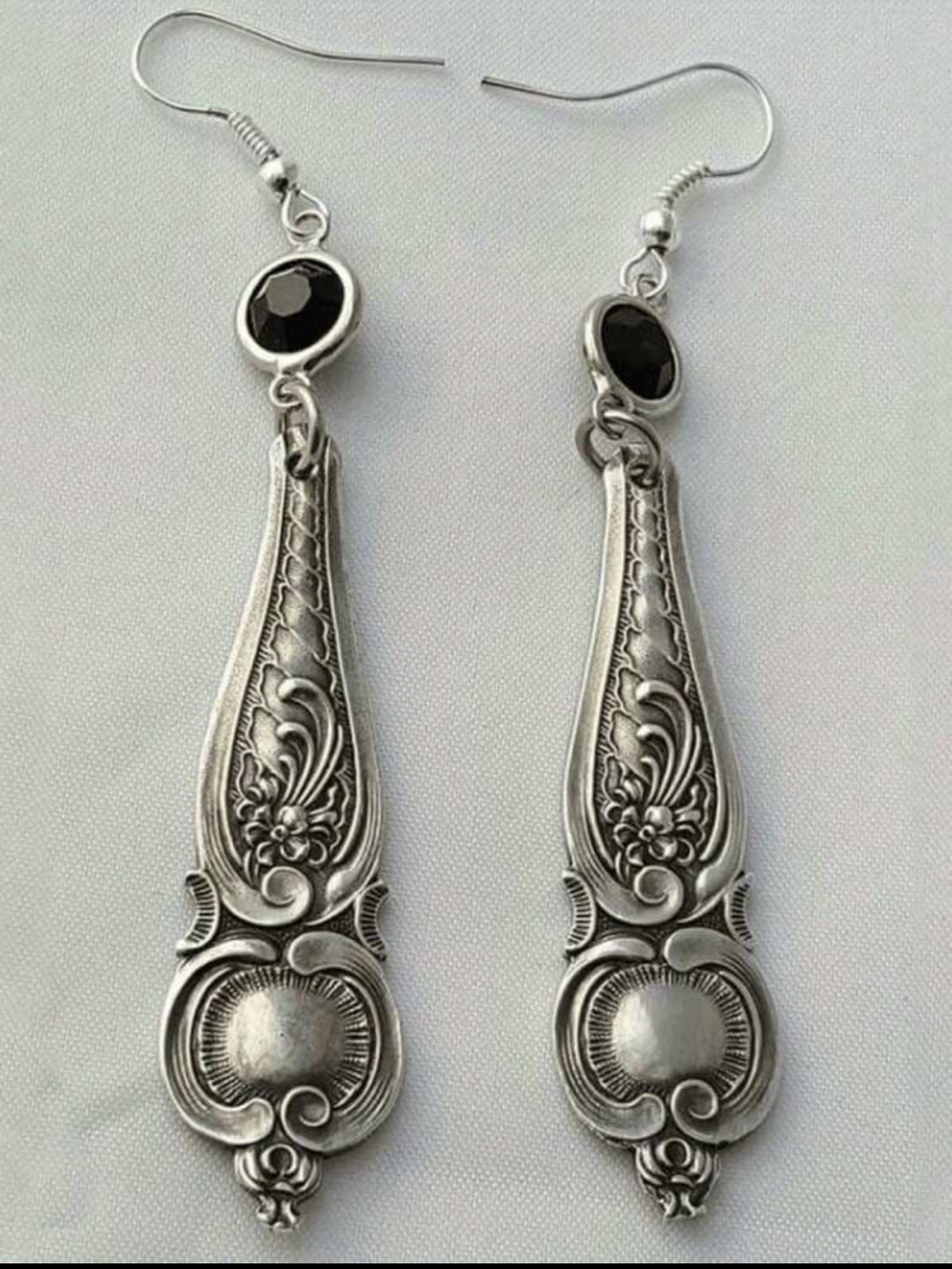 Silver-Tone Ornate Spoon Handle Drop Earrings with Black Stone